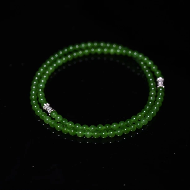 s925银扣头和田玉碧玉果阳绿两用款项链+手串尺寸约6mm108颗