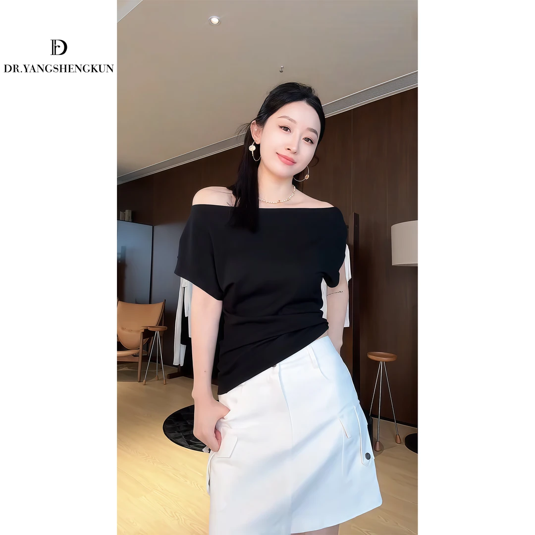 杨圣坤2025夏季新品时尚褶皱修身显瘦气质一字肩短袖T恤L2552804