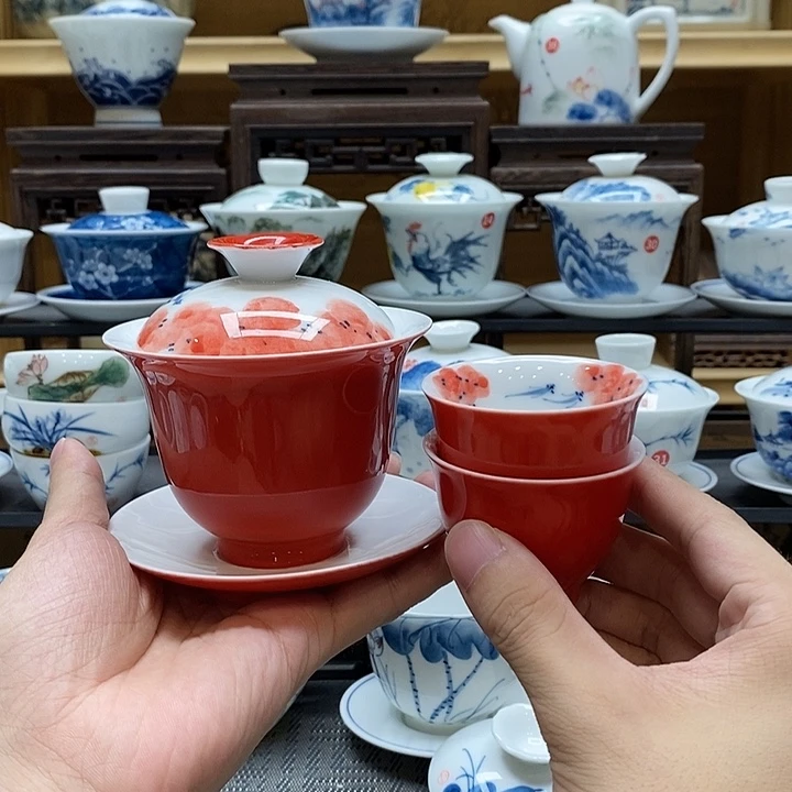 手绘龙船花盖碗➕两个杯子高温瓷釉下彩微瑕福利款