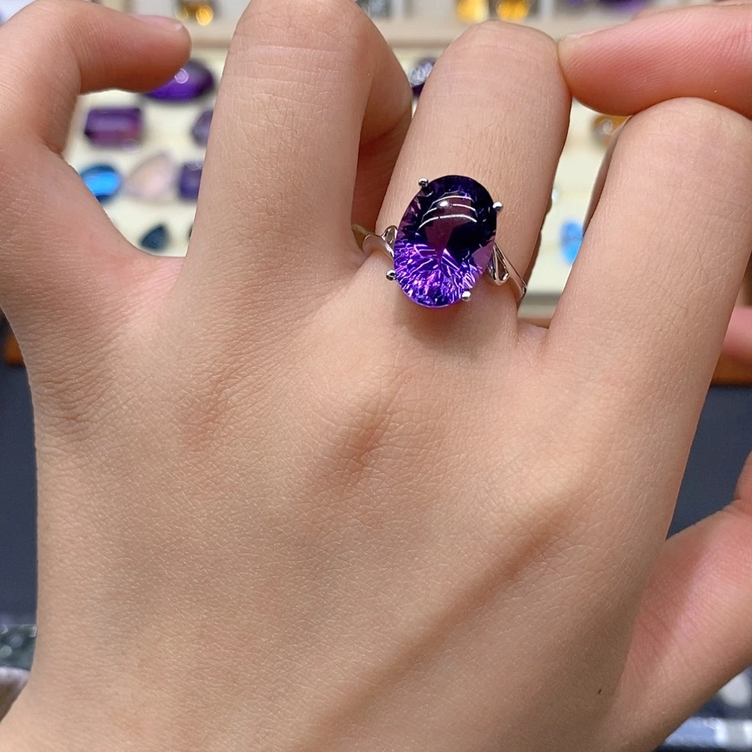 银S925镶嵌紫晶珠宝半成品纯天然紫水晶戒指x
