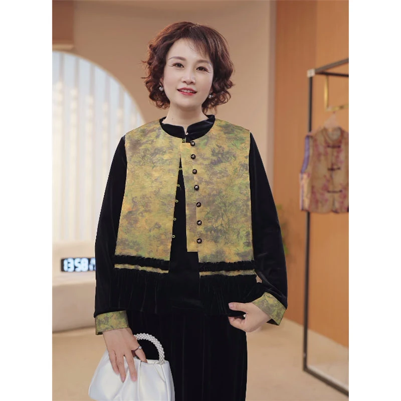 妈妈装秋装国风中式三件套气质中老年秋季套装荷叶边长袖马甲1123