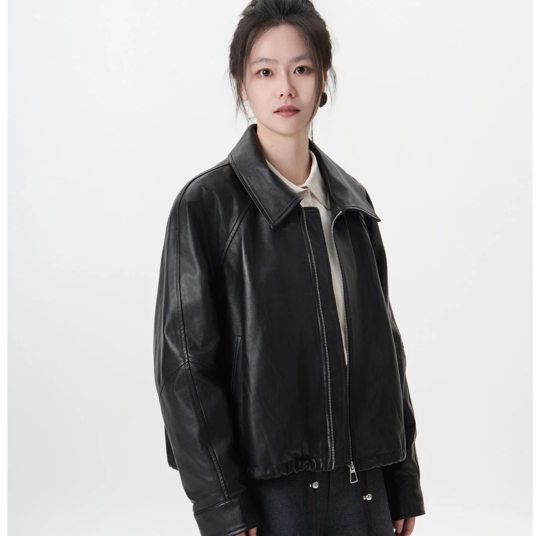 柏娜诺 幂幂同款头层绵羊皮气质百搭皮衣外套休闲设计师网红短款