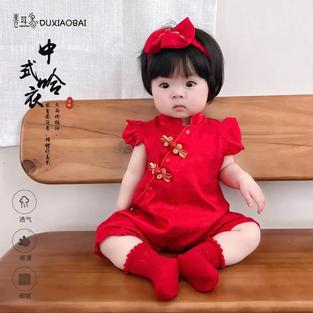 婴儿夏季薄款衣服新中式小月龄女宝宝满月百日宴抓周礼服旗袍哈衣