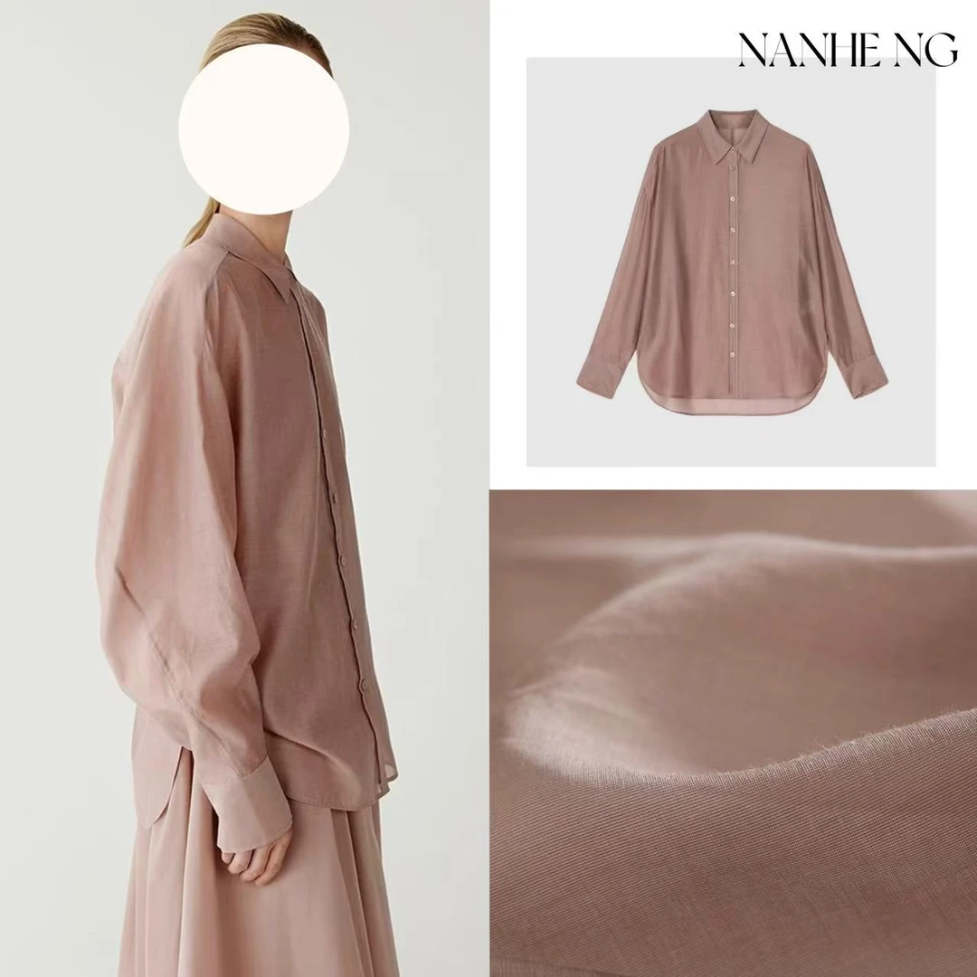 5624女装25夏季新款棉丝长袖衬衫咖粉色衬衣气质