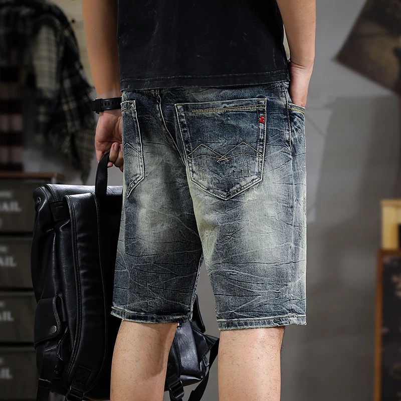 顿奇摩费涅美式重磅复古牛仔短裤男士夏季宽松大码中裤潮流破洞款