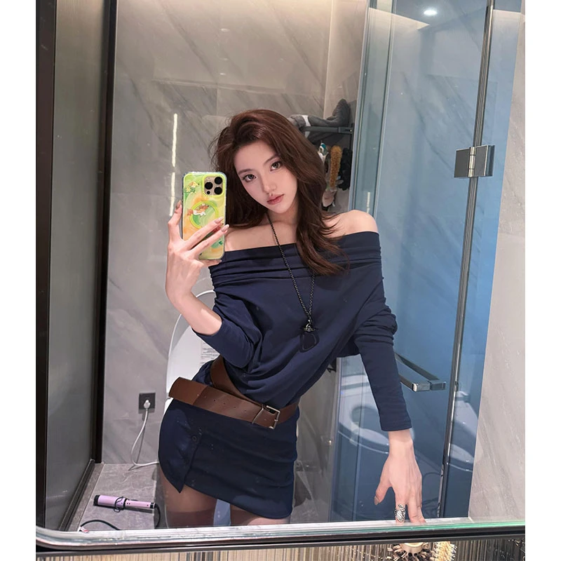 纯欲风性感一字肩抹胸长袖连衣裙女秋季设计感修身显瘦包臀短裙子