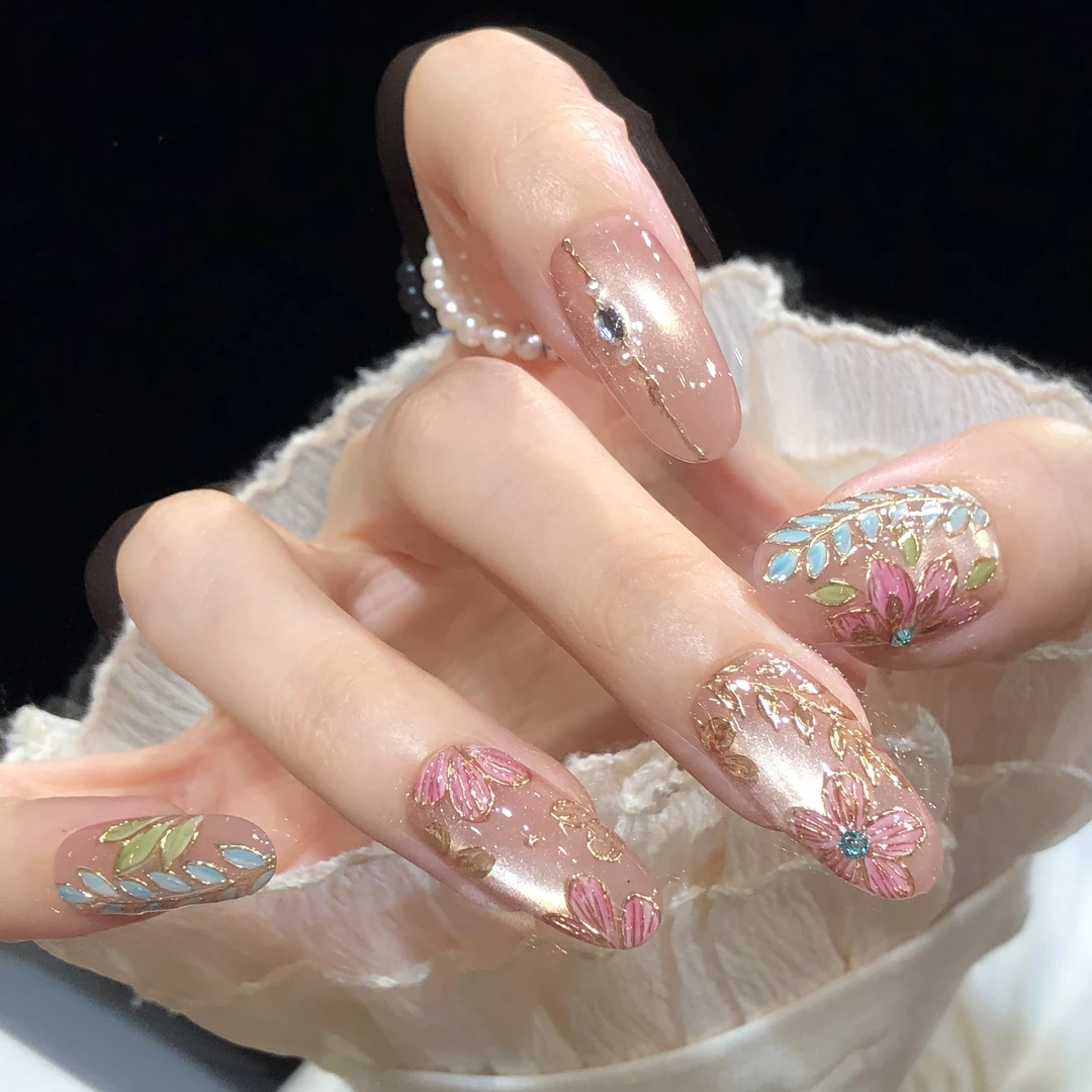 喵公子【叶语风吟】【华子钻设计师款】纯手工穿戴甲可拆卸美甲光疗甲