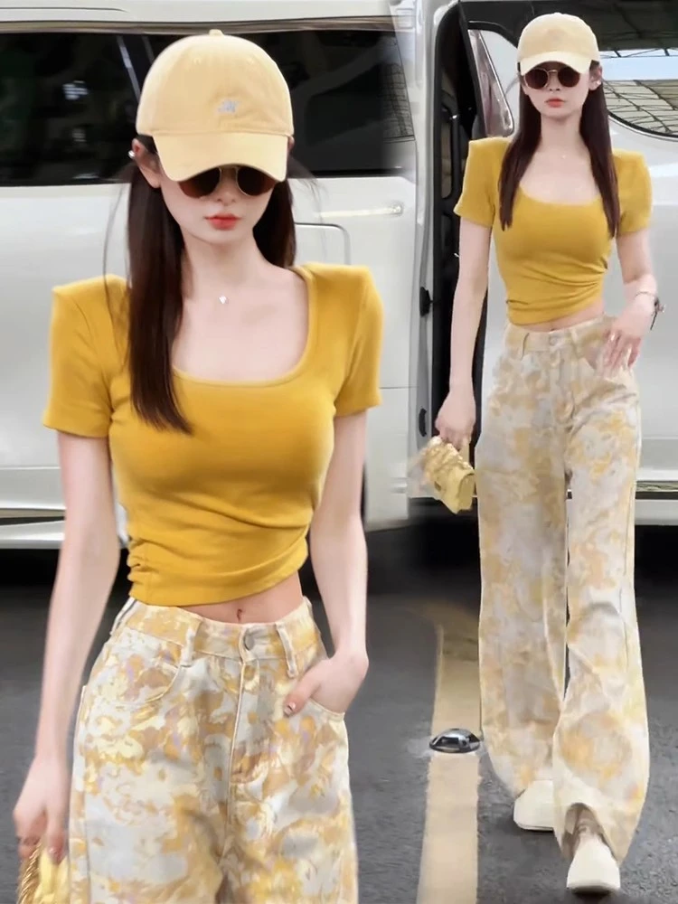 潮酷时尚套装女夏季新款小个子正肩短袖T恤高腰阔腿裤时髦两件套