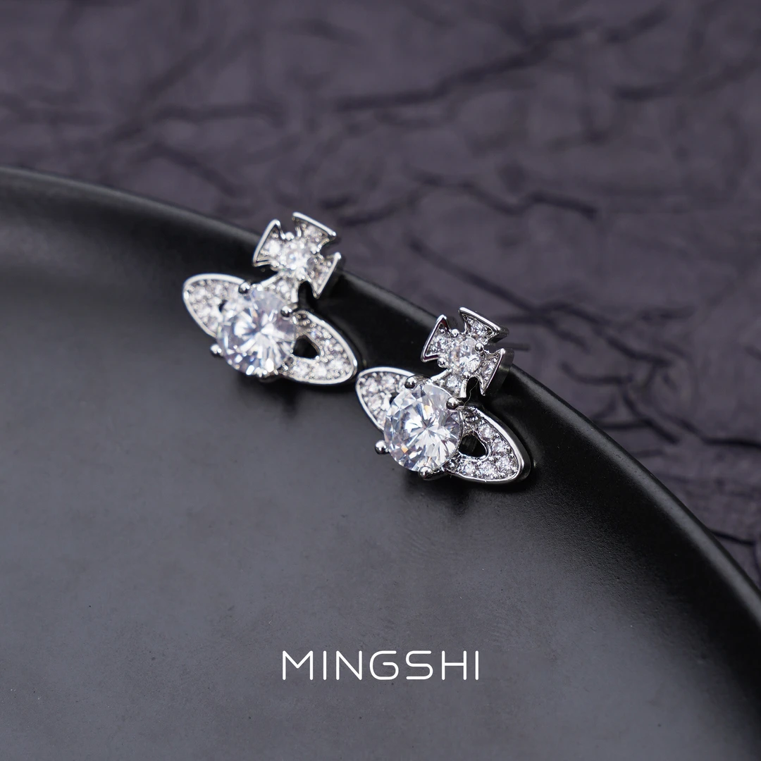 名式 铜合金合成锆石耳饰 法式轻奢精致镶嵌闪耀土星耳环QJD1569