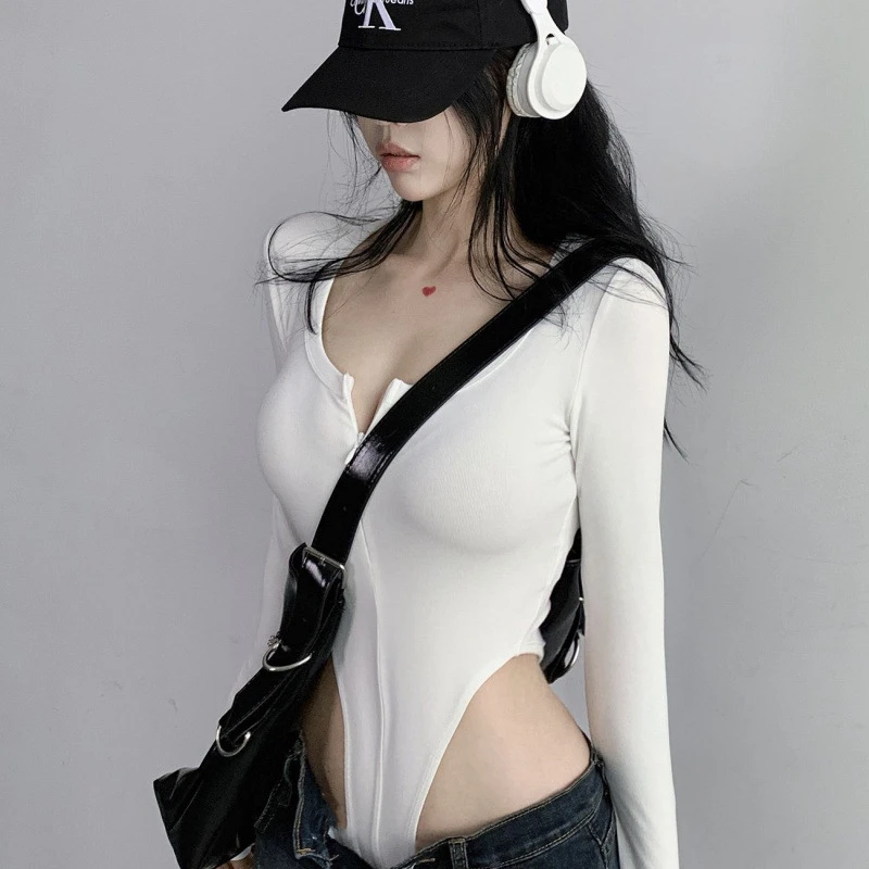 美式辣妹风性感U领拉链开口打底衫女秋弹力紧身长袖纯色连体衣T恤