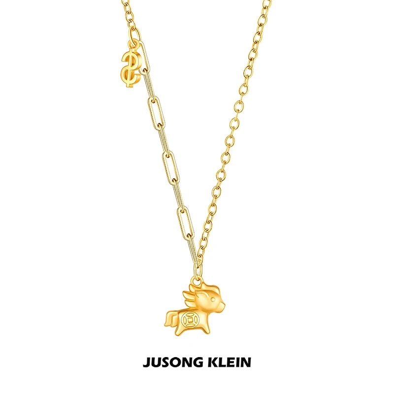 Jusong klein 钛钢项链 马上有钱项链金色小马驹吊坠气质锁骨链
