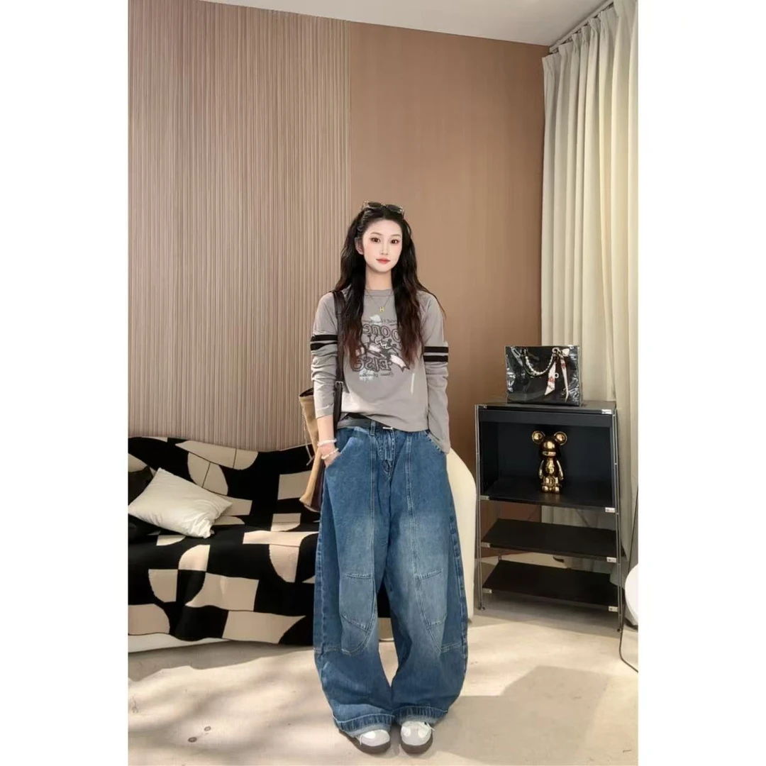 小米 -个性街头纯色百搭显瘦休闲阔腿裤复古美式高腰宽松设计K104