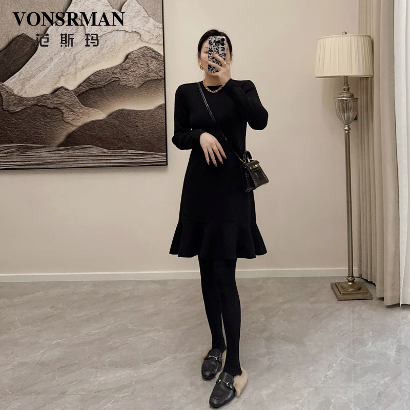 黑色鱼尾连衣裙女2025新款秋冬时尚高级感气质直筒显瘦小个子收腰