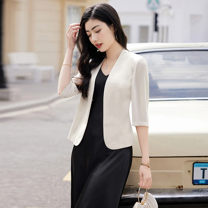 西装外套女小个子显瘦气质时尚短款白色薄款春夏修身中袖西服8149
