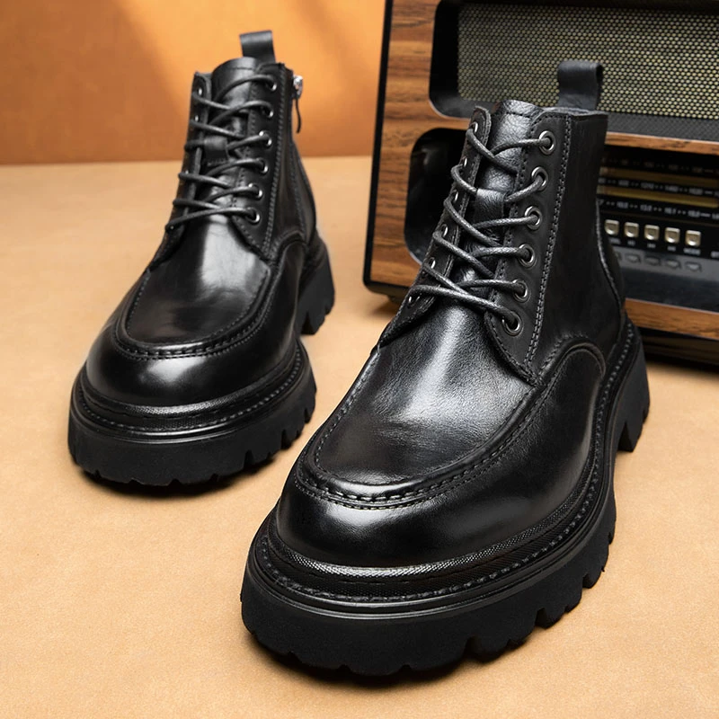 秋冬英伦皮靴头层牛皮男士马丁靴系带厚底靴子男中帮马丁靴男款
