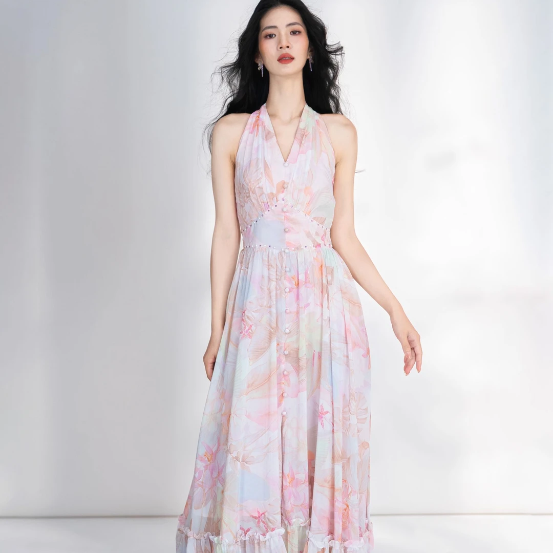 【设计师品牌】YINGCHOI2025春款粉色大摆长款连衣裙YCMSD32647H