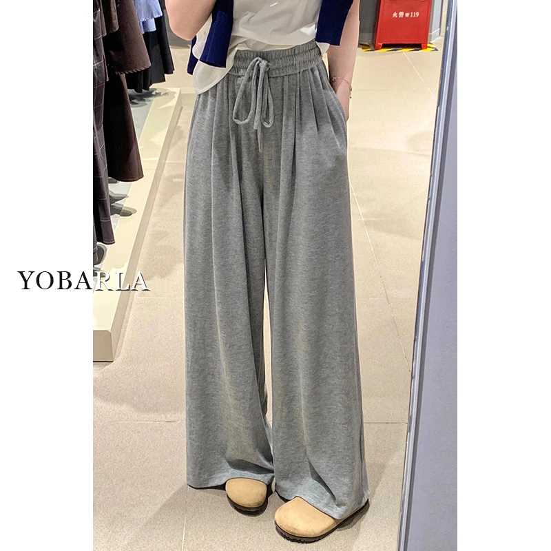 灰色阔腿糯米裤女秋冬加绒大码胖mm宽松显瘦直筒垂感软糯休闲裤子