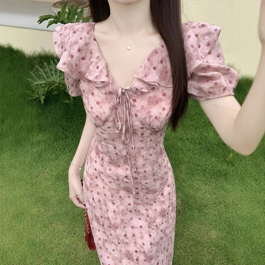 12025年夏季法式气质收腰显瘦扎染粉色波点中长款温婉荷叶边连衣