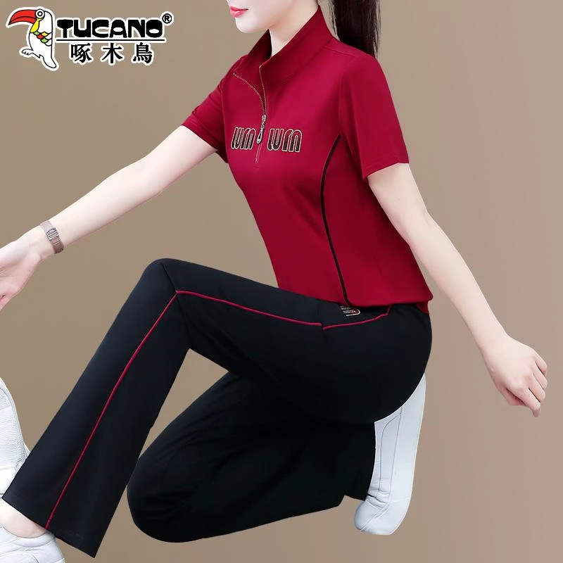 啄木鸟短袖运动套装女夏季2025新款中老年妈妈洋气减龄冰丝两件套