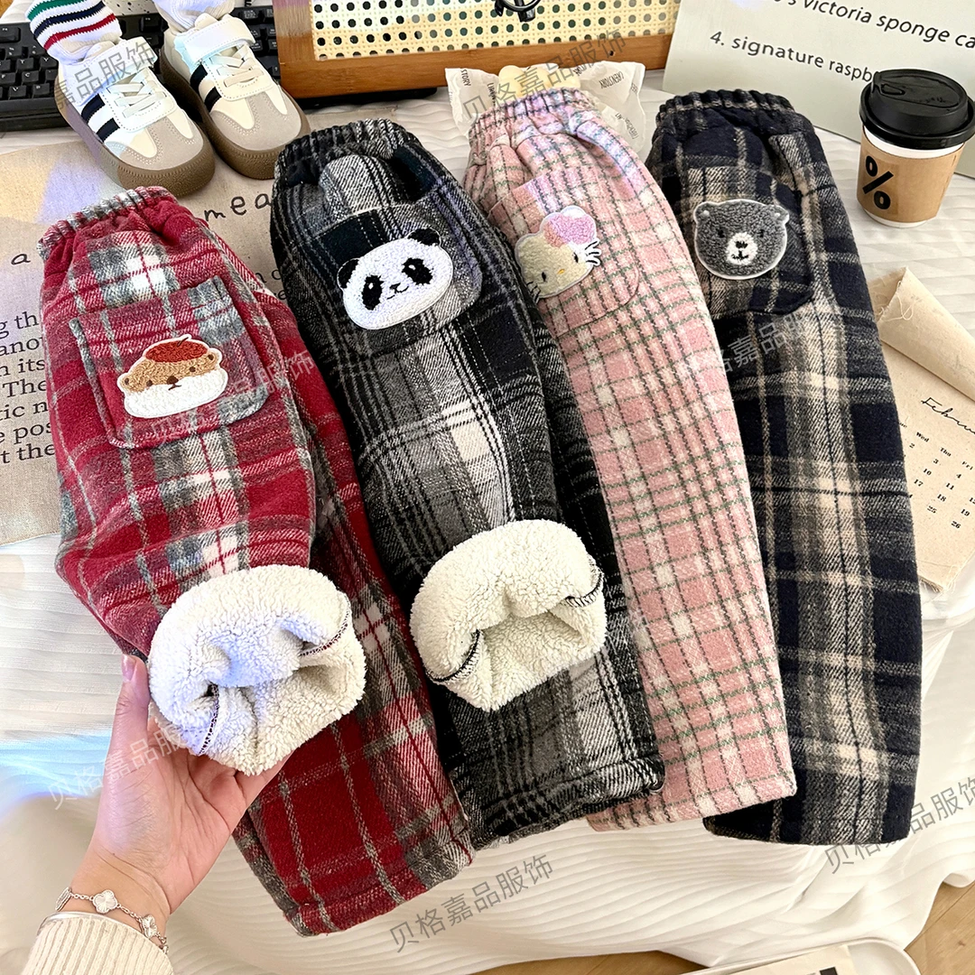 冬季新款男女童加绒加厚休闲直筒裤百搭毛呢一体绒卡通保暖格子裤