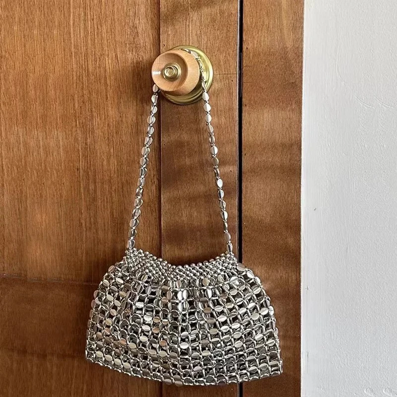 「Ohyoudo」银色串珠包/复古仿金属感韩系链条时尚单肩包斜挎包