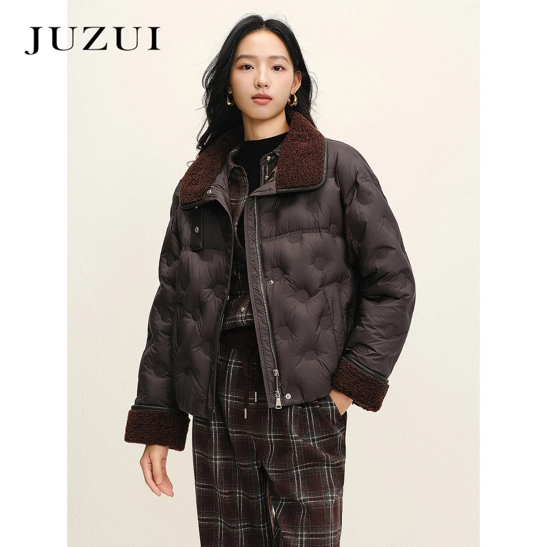 JUZUI玖姿巴恩风毛翻领落肩羽绒服夹克女2025冬季新款JWFD03345