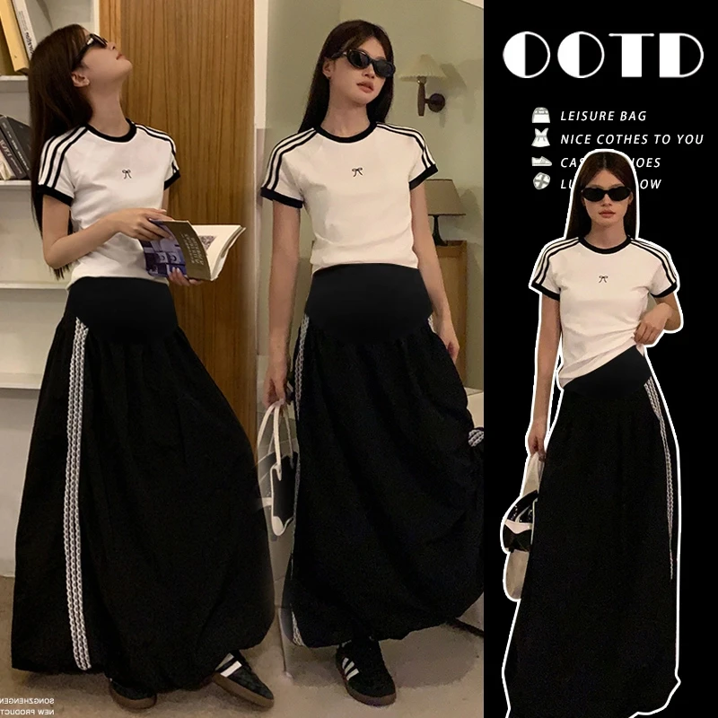 夏季新款孕妇大码韩版甜酷辣妈一整套穿搭修身上衣托腹花苞半身裙