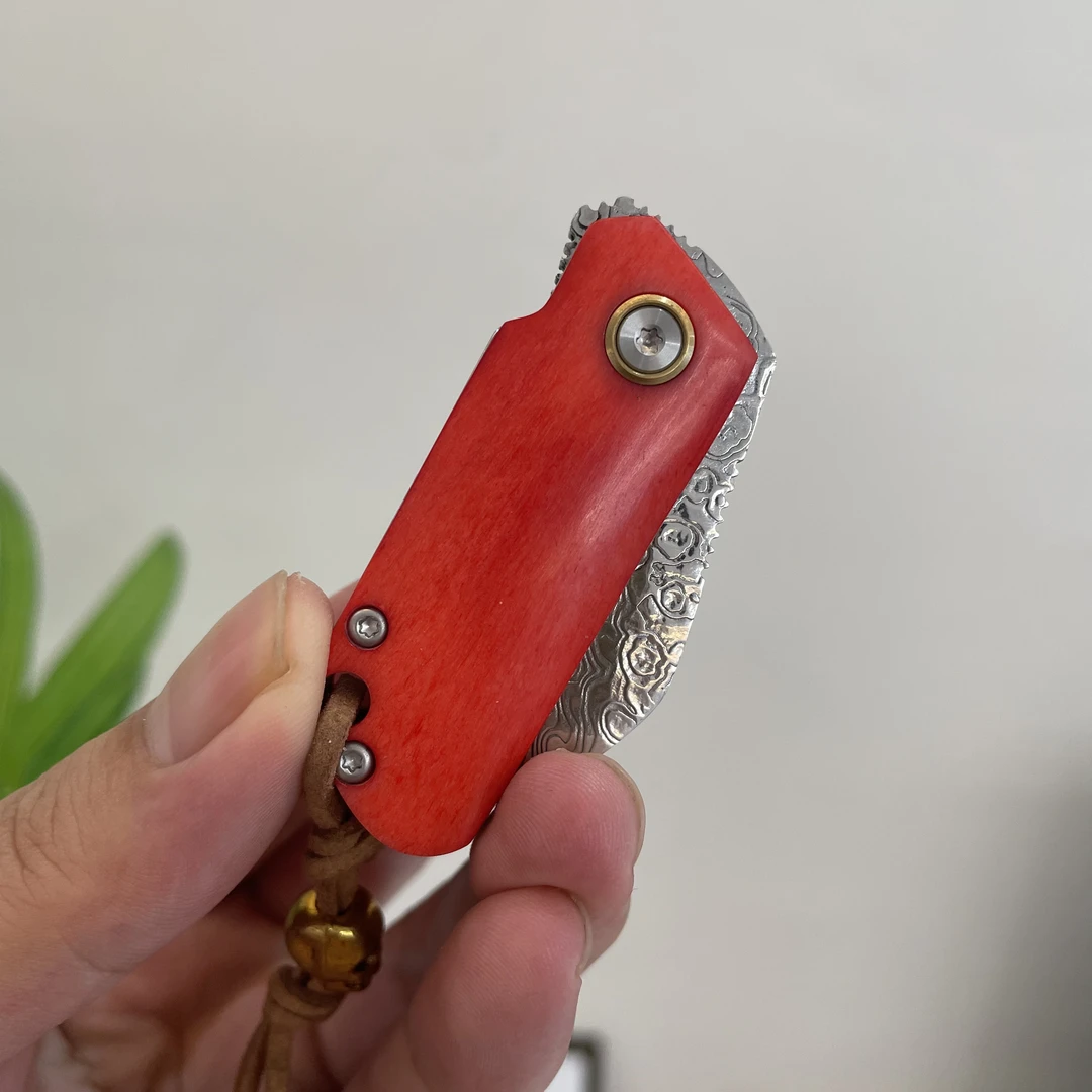 大马士革口袋折叠刀牛骨手柄小巧便携可坐随身携带露营坐火车