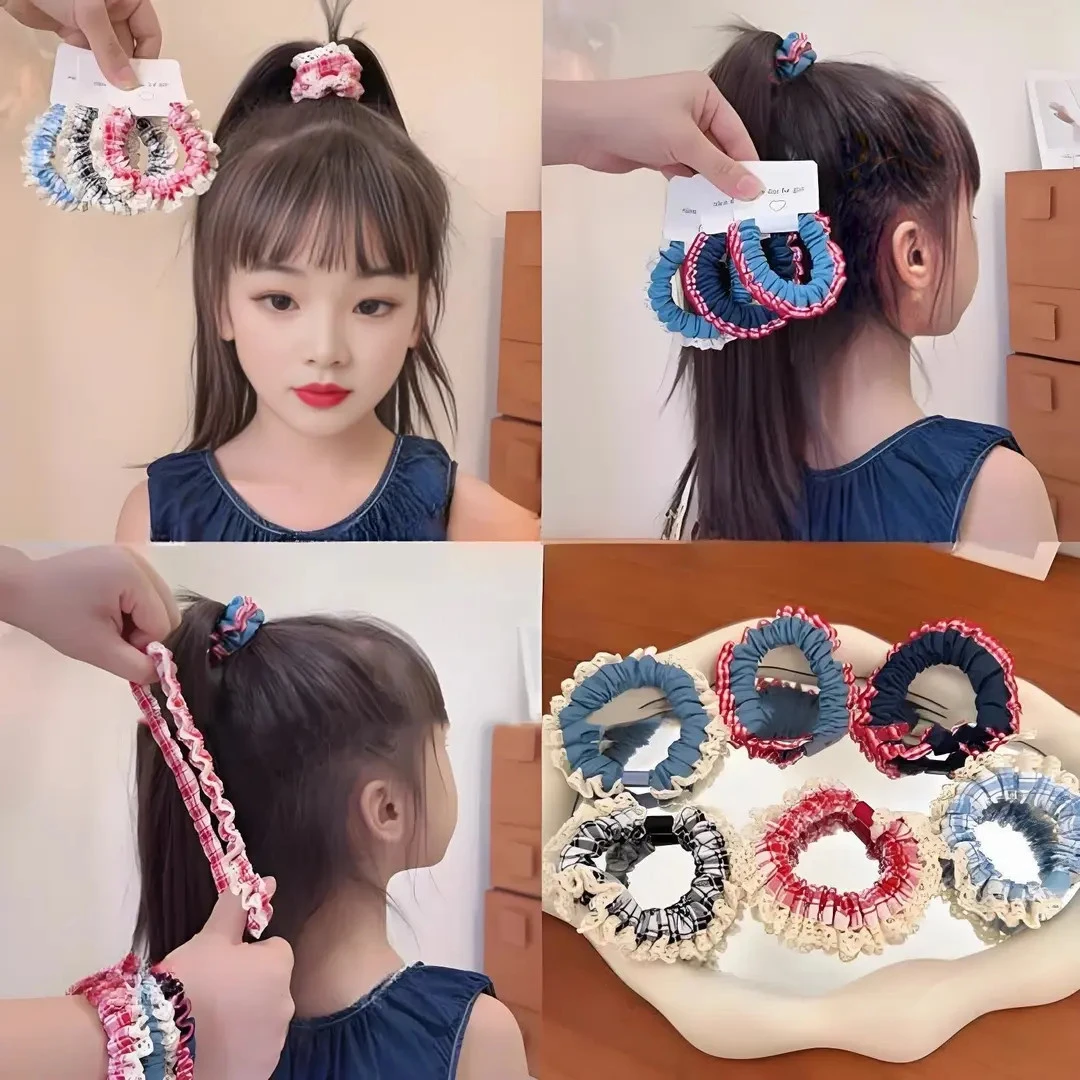 甜美蕾丝花边牛仔发圈女高马尾扎发头绳儿童不伤发丸子头发绳头饰