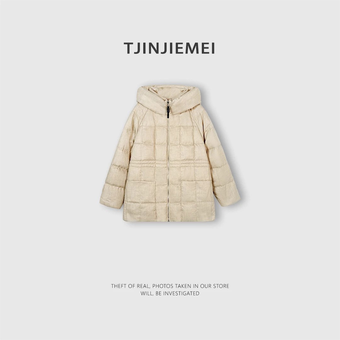 T井姐妹【香草米】设计感桑蚕丝羊毛混纺连帽鹅绒服ERF2512-55098