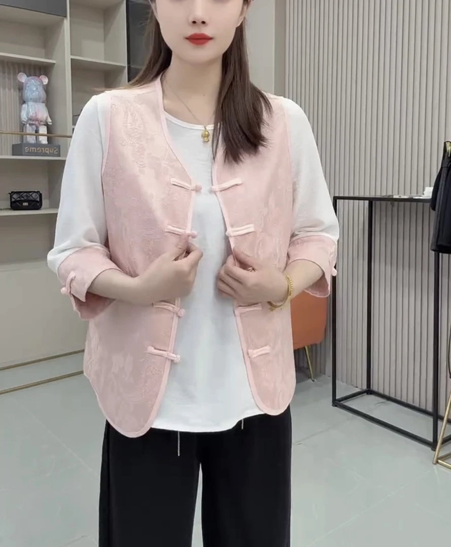 新中式国风圆领盘扣提花五分袖两件套女高级感宽松百搭减龄上衣