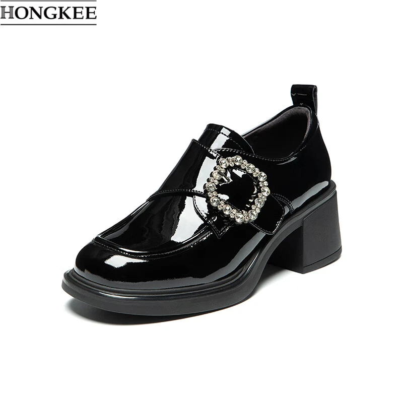 HONGKEE/红科25秋时尚气质粗跟通勤厚底漆皮英伦女单鞋H815D306