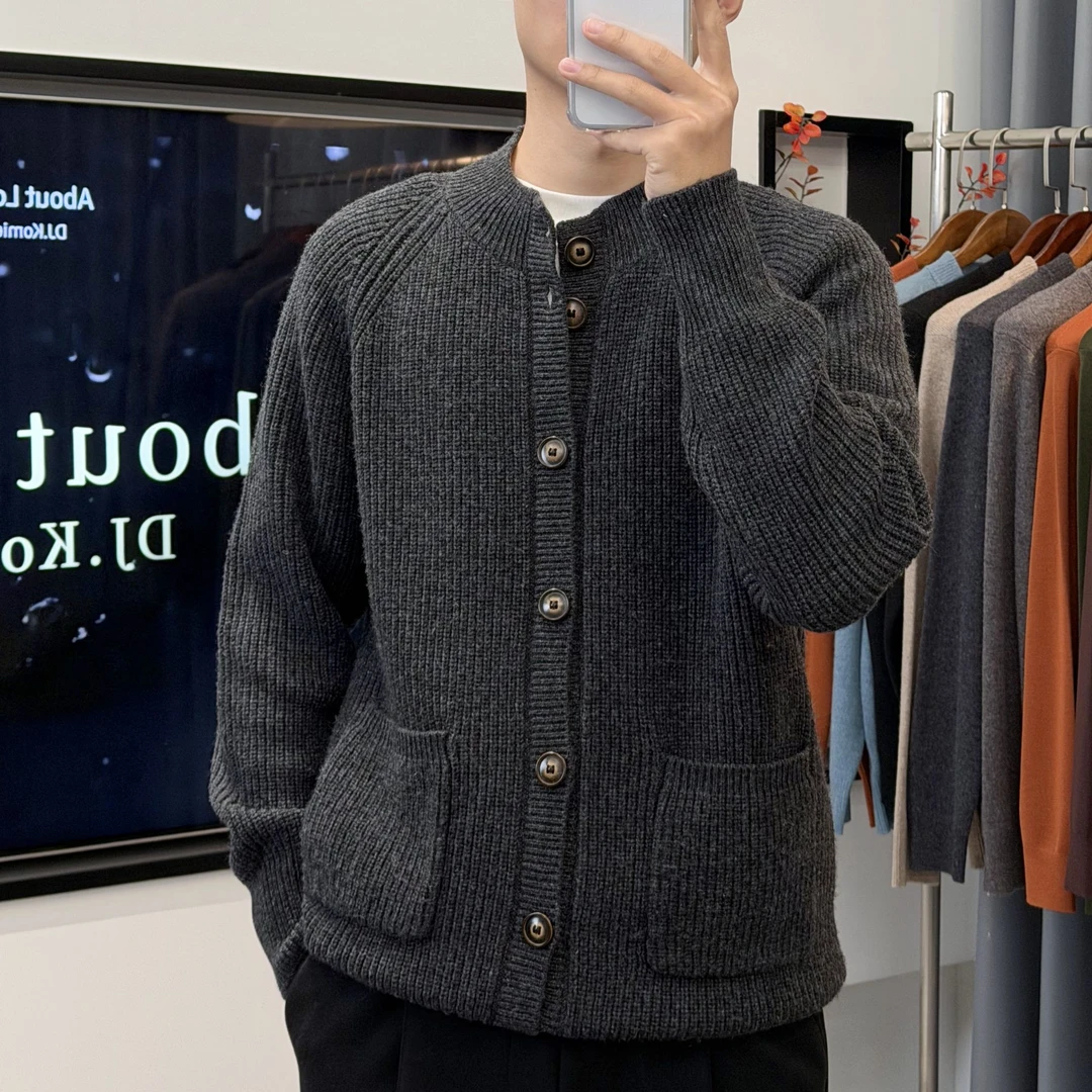 PULUOGEDI/普洛哥帝宽松纯羊毛开衫男士加厚款马鞍肩时尚休闲百搭