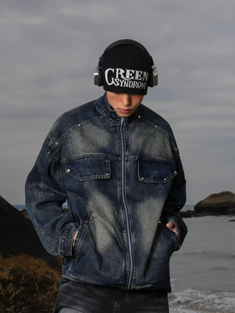 0045牛仔外套男春秋新款夹克女街头复古做旧宽松衣服百搭潮