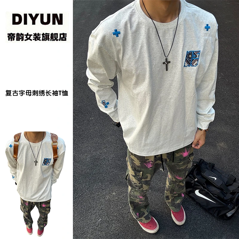 【帝韵】情侣潮牌时尚美式休闲圆领长袖T恤女新款宽松白色百搭上衣