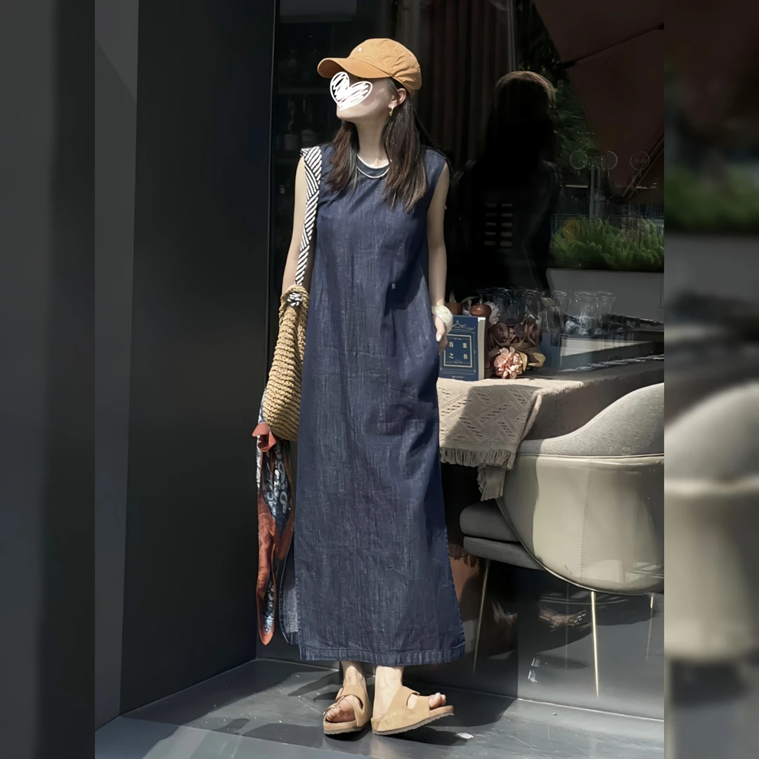 复古双开叉无袖背心连衣裙女2025夏季新款慵懒风设计感牛仔长裙子