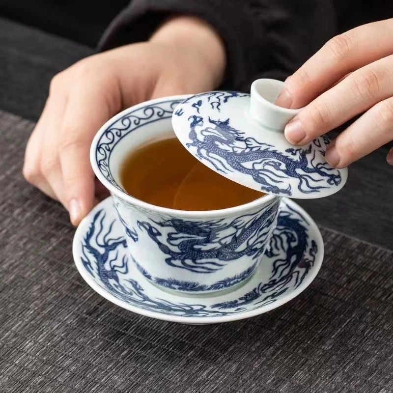 卓玉堂龙纹悬停盖碗复古陶瓷大容量中式茶道缠枝瓷盖碗茶盖碗手工