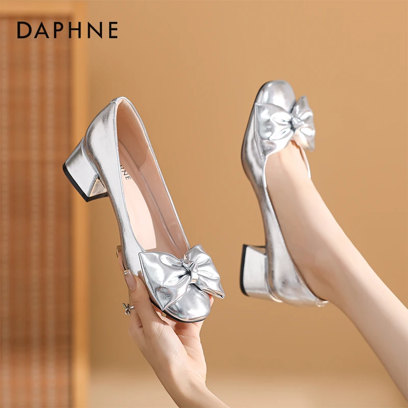 达芙妮单鞋女夏方头蝴蝶结浅口高跟通勤工作纯色玛丽珍鞋百搭时尚