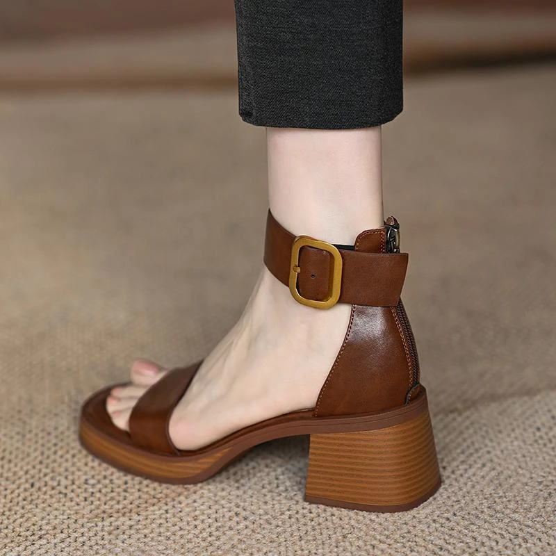 M先生凉鞋女款夏季中跟厚底法式复古拉链粗跟一字扣带罗马高跟鞋9