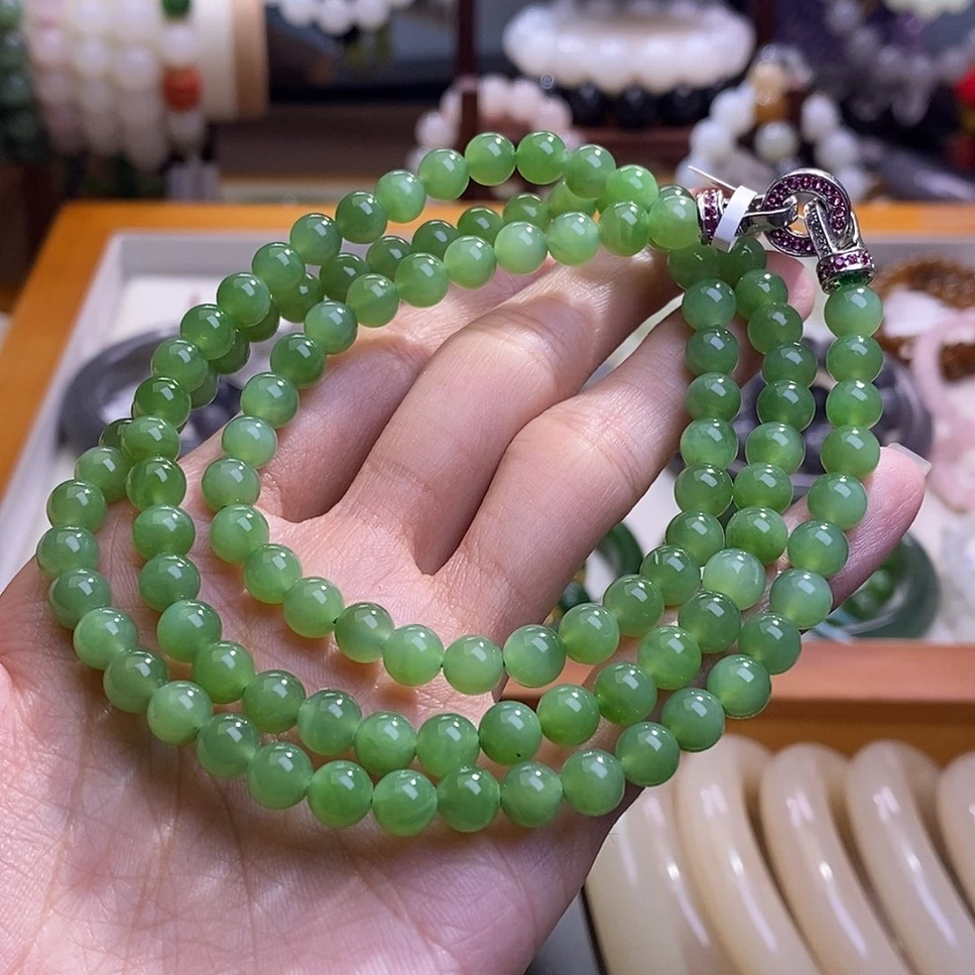 颈饰未镶嵌和田玉碧玉银镶粉绿项链6MM