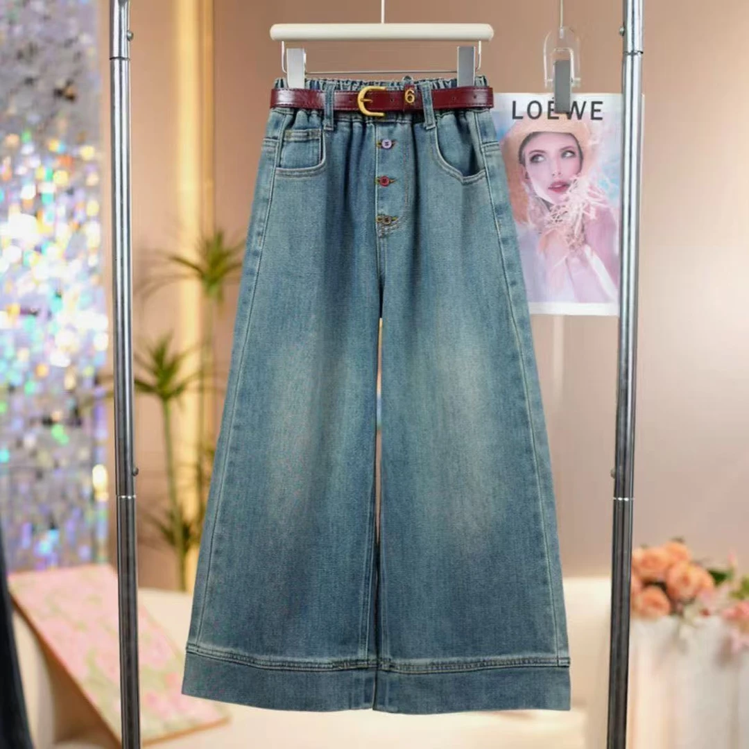 女童裤子春秋款2025新款儿童洋气直筒阔腿裤春季女孩大童牛仔裤