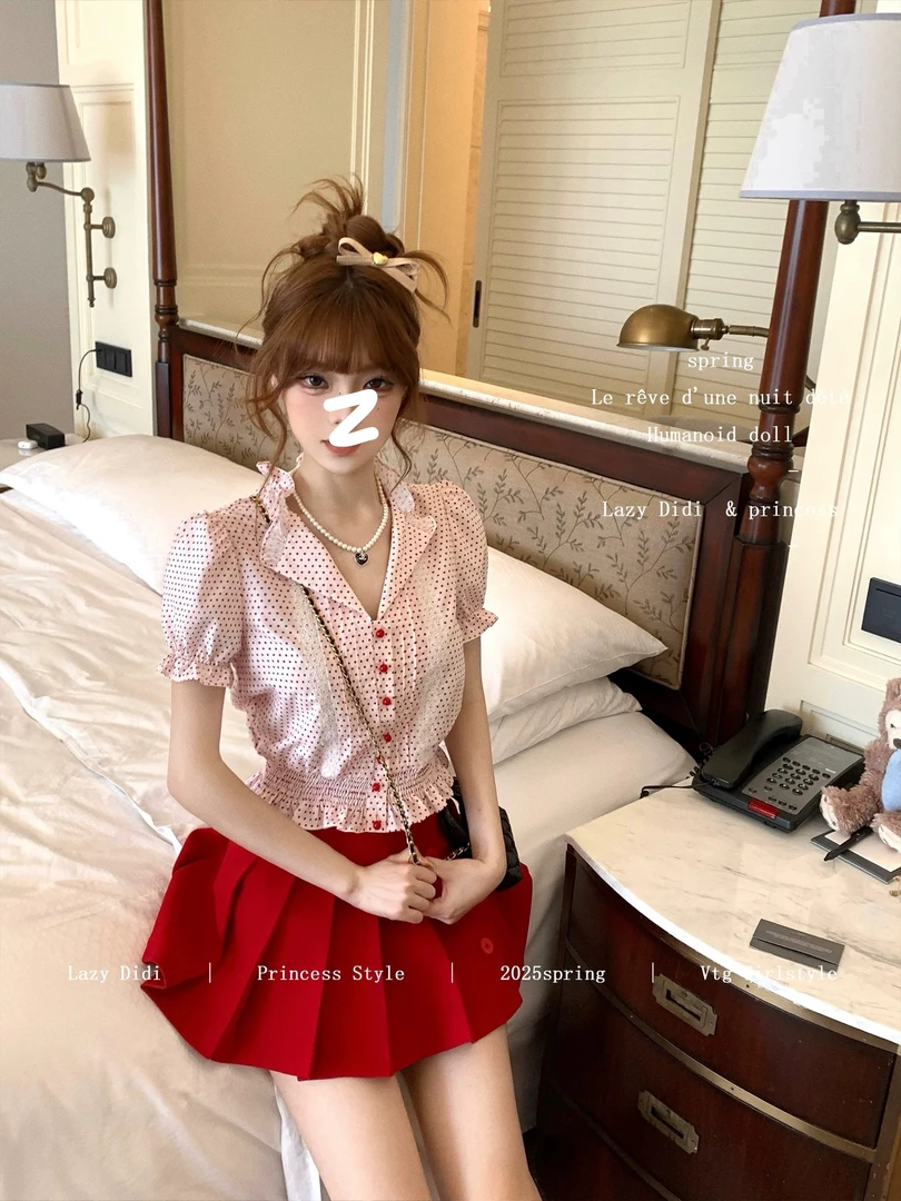 甜美收腰泡泡袖衬衫百褶半裙套组女2025夏季新款高级感穿搭一整套