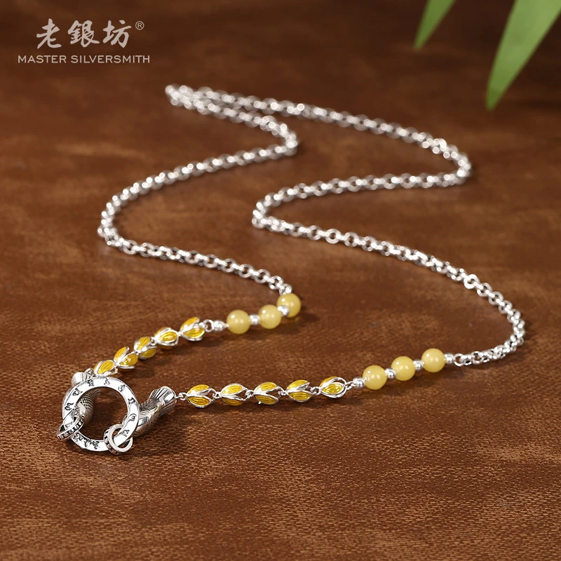 【老银坊】s925银蜜蜡花苞双鱼百搭毛衣链 0021323