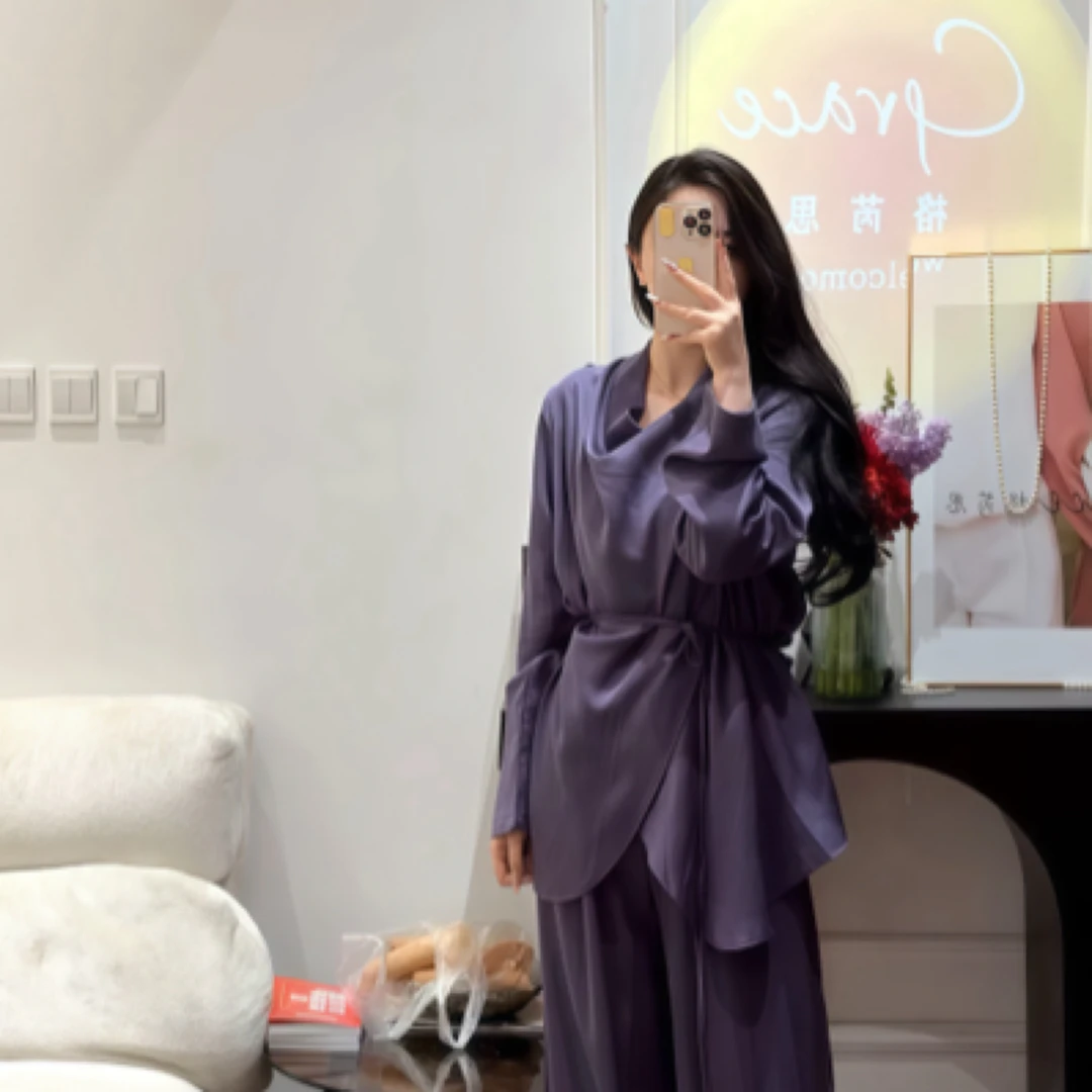 长袖上衣松紧腰阔腿裤两件套舒适设计