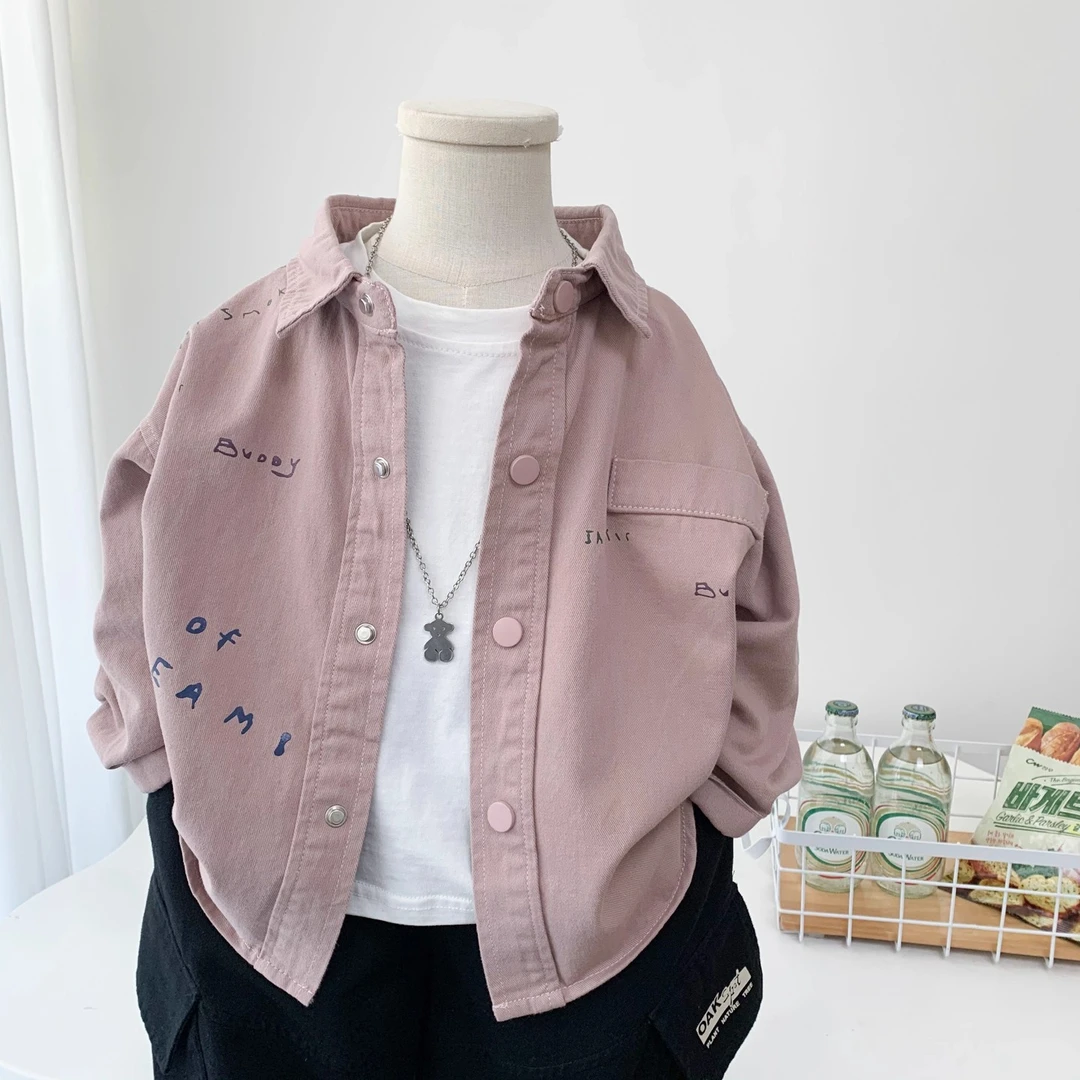 男童秋装衬衫外套2025儿童洋气字母上衣酷帅小男孩宽松棉布衬衣潮