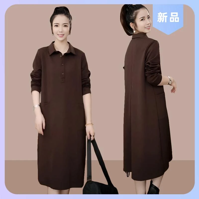 时尚衬衫连衣裙女2025春秋新款宽松遮肚休闲洋气纯色大码中长裙子