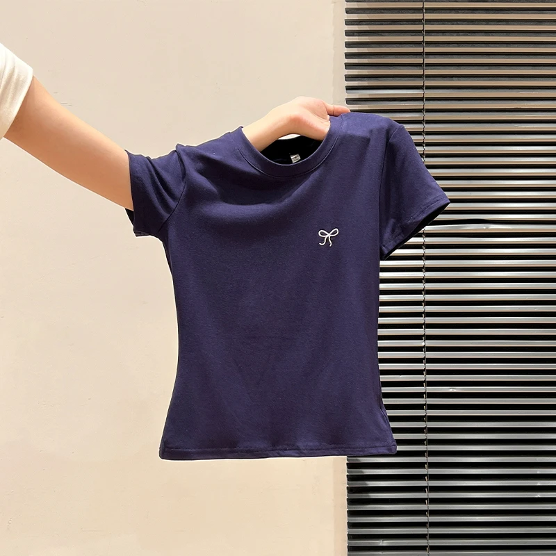 简约百搭休闲藏蓝蝴蝶结刺绣圆领正肩短袖t恤基础款上衣女夏新款