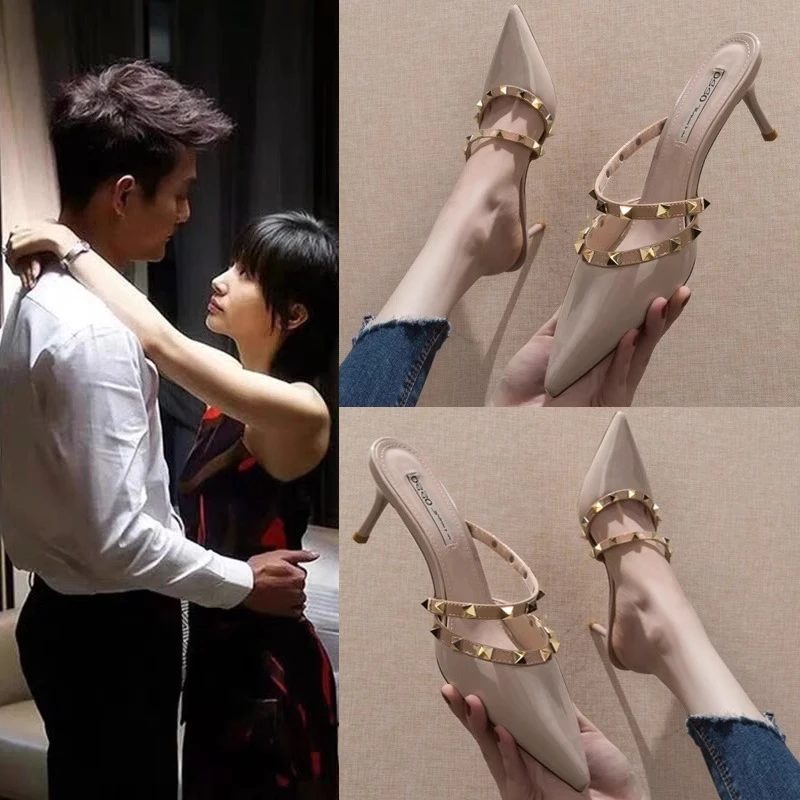 凉拖鞋女外穿网红半拖2025年新款高跟女鞋尖头细跟时尚包头凉鞋夏