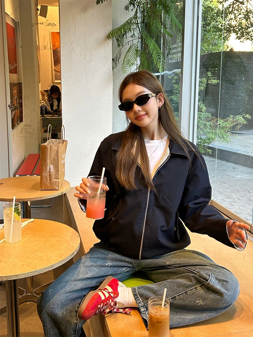 D YANGJUN 2024秋冬新款翻领条纹夹克双面穿长袖宽松短款外套上衣