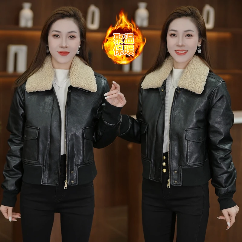 加厚休闲短款皮衣女2025洋气新款加绒外套爆款气质毛领百搭夹克